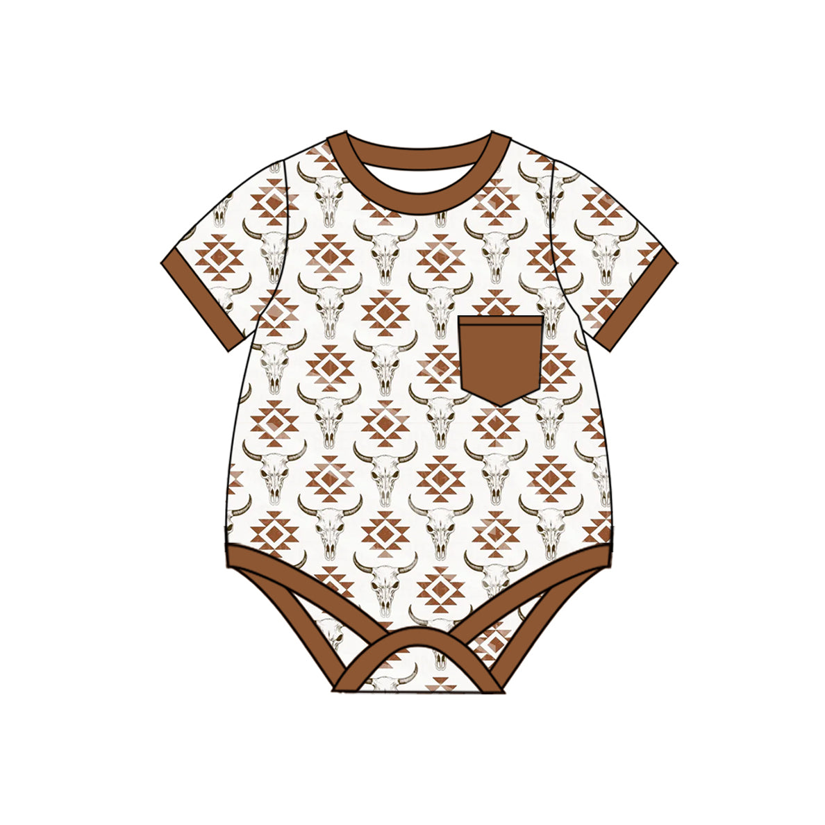 Western Boys Brown Pocket Top Aztec Bull Skull Shorts Set Casual Country Style Kids' Outfit