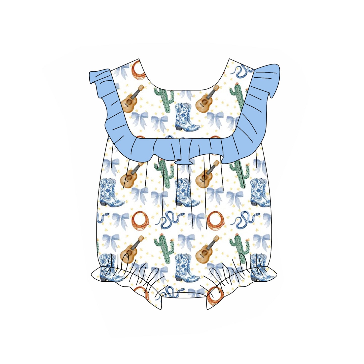 Light Blue Ruffle Cactus Bow Western Style Girls Dress Cute Country Chic Girls Clothing