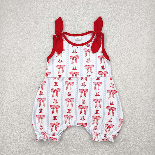 SR2765RTS NO MOQ Baby Girls Summer Rompers Baby Girls Sleeveless Red Bow Romper 4th of July Patriotic Outfit for Infants
