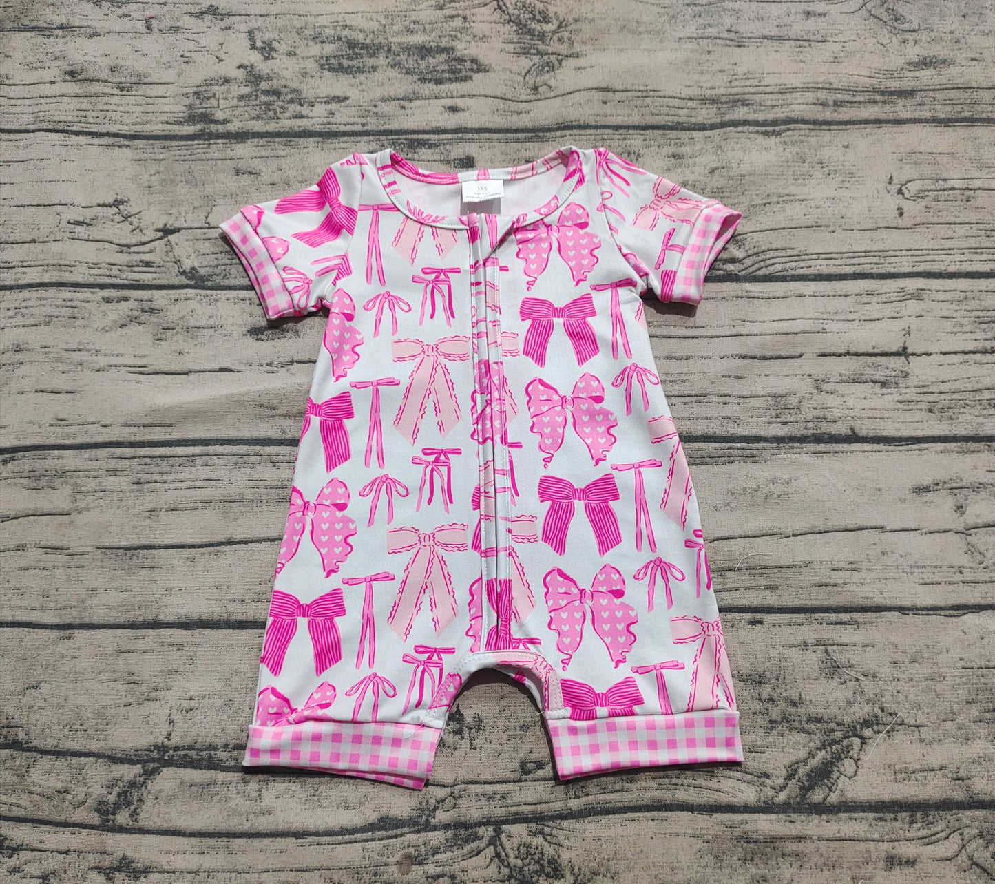 4.12 SR2771 Sample 10days Arrived RTS Pink plaid short sleeves bow baby girls zipper romper
