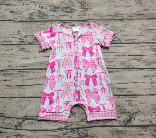 4.12 SR2771 Sample 10days Arrived RTS Pink plaid short sleeves bow baby girls zipper romper