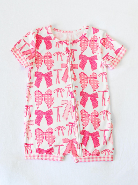 SR2771Pink Plaid Baby Girls Romper Short Sleeves Bow Zipper Closure Outfit for Little Ones