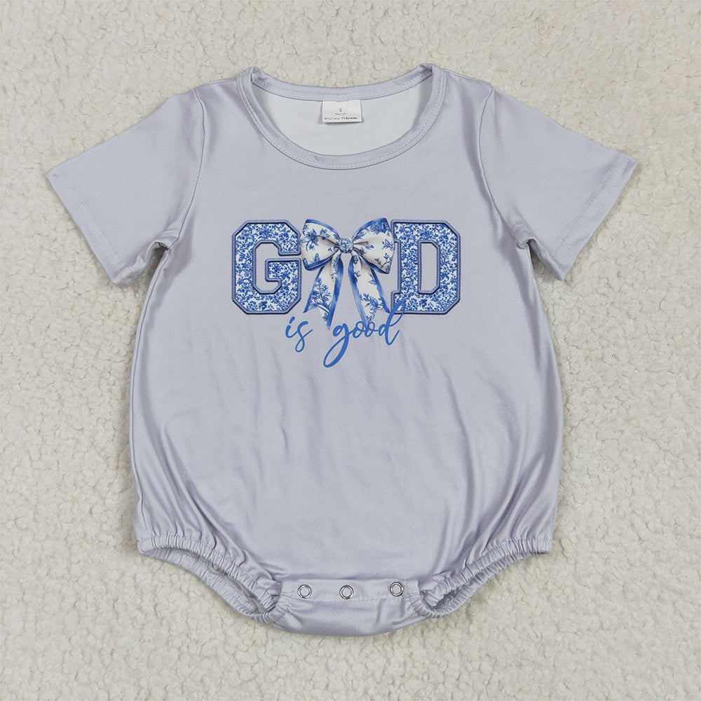 SR2772 RTS NO MOQ Baby Boys Summer Rompers Light Blue Floral Bow Baby Romper Short Sleeves 'God Is Good' Print Infant Outfit Casual Comfortable Clothing for Babies