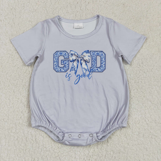 SR2772 RTS NO MOQ Baby Boys Summer Rompers Light Blue Floral Bow Baby Romper Short Sleeves 'God Is Good' Print Infant Outfit Casual Comfortable Clothing for Babies