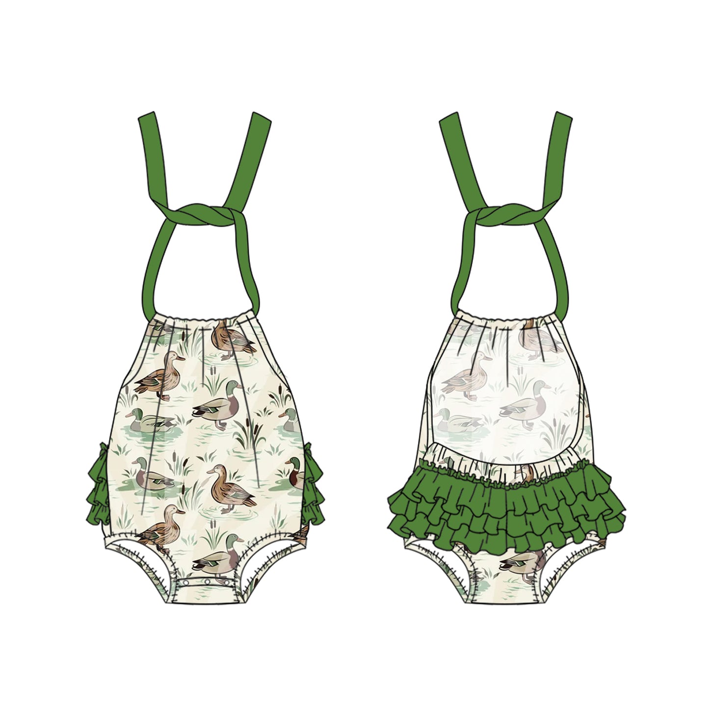 Girls Duck Halter Top Green Ruffle Shorts Outfit Set Cute Animal Print Halter Neck Short Sleeve Matching Clothing Set
