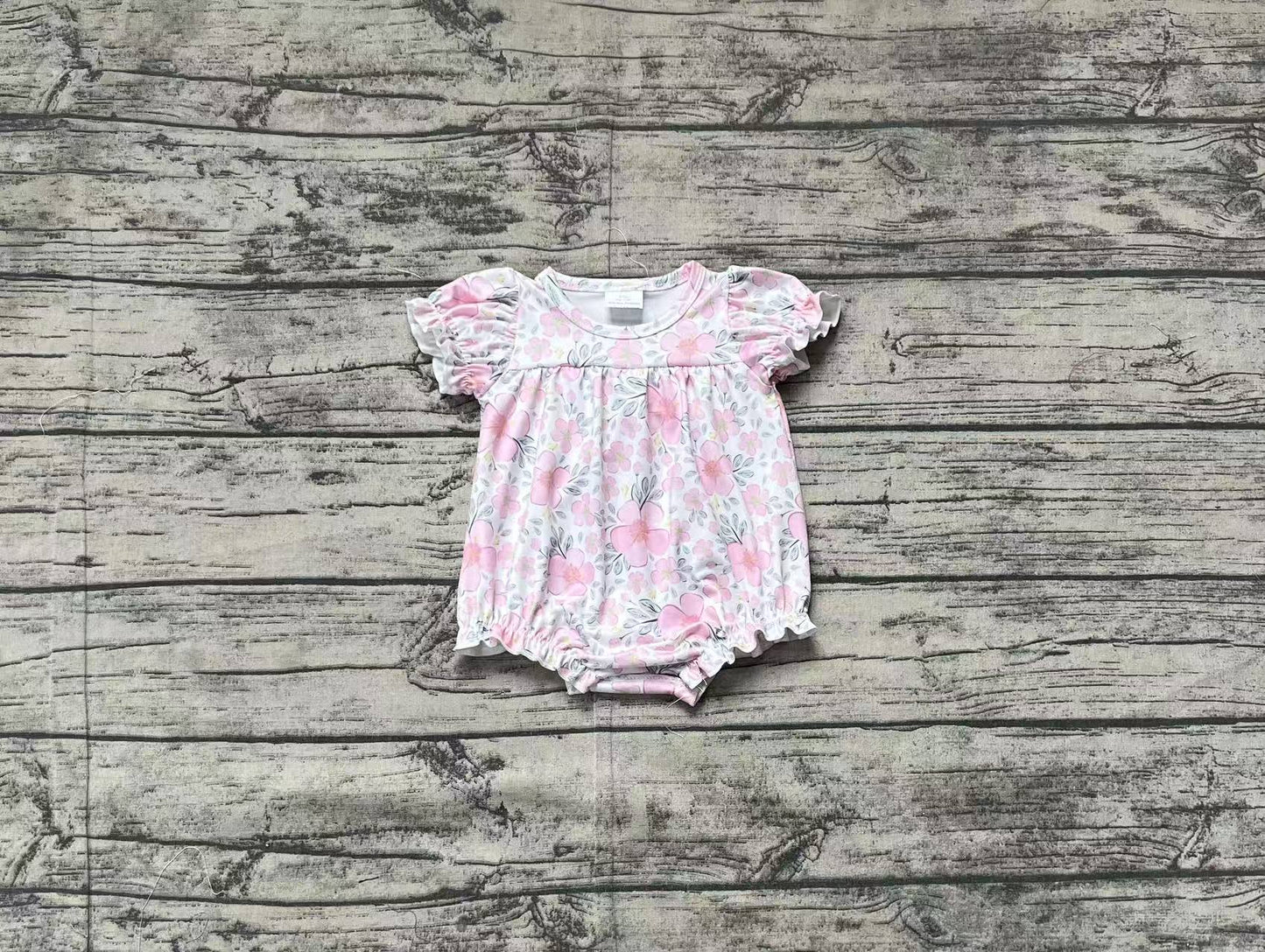 SR2782Baby Girls’ Charming Pink Floral Print Short Sleeve Rompers for Spring-Summer