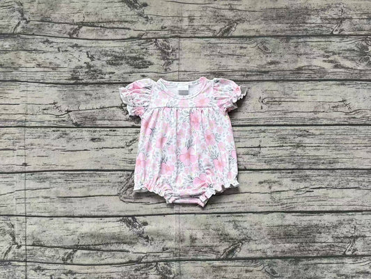 SR2782Baby Girls’ Charming Pink Floral Print Short Sleeve Rompers for Spring-Summer