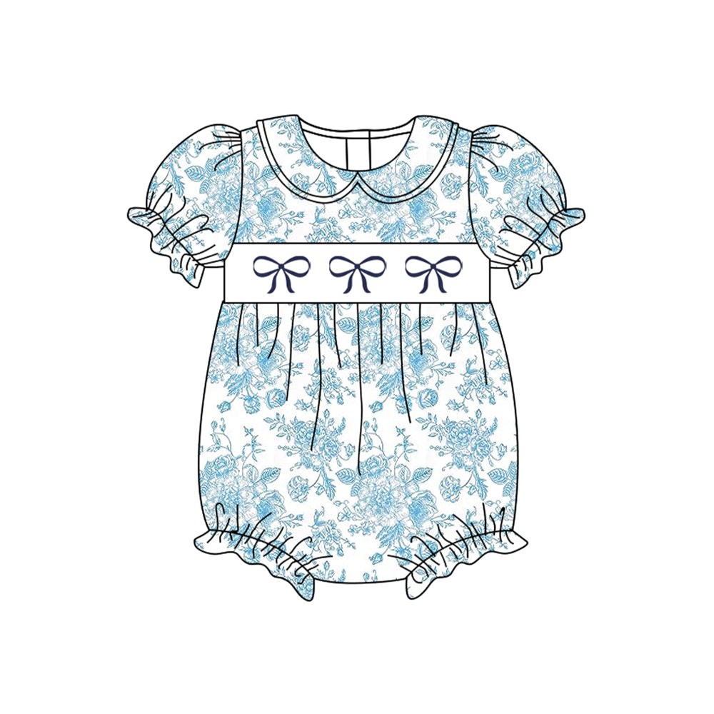 Light Blue Floral Bow Baby Girls Summer Dress Short Sleeves Cute Children's Clothing