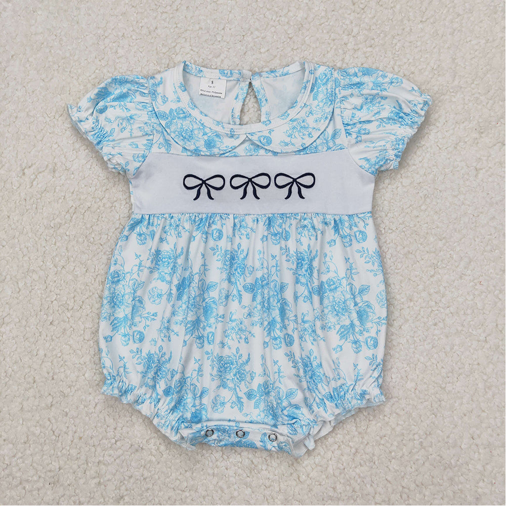 4.14 SR2784 RTS NO MOQ Short sleeves light blue floral bow baby girls summer romper