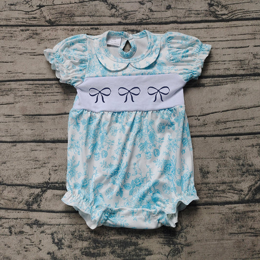 SR2784Short sleeves light blue floral bow baby girls summer romper