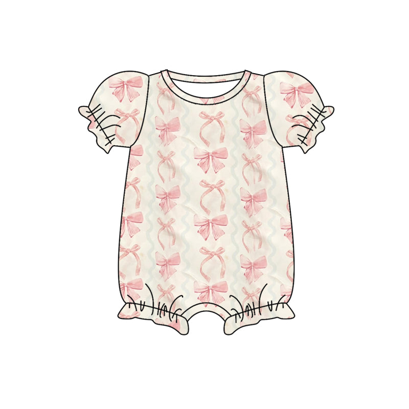 SR2786Beige Baby Girls Summer Romper Short Sleeves Pink Bow Cute Infant Outfit Soft Cotton Clothing for Little Girls