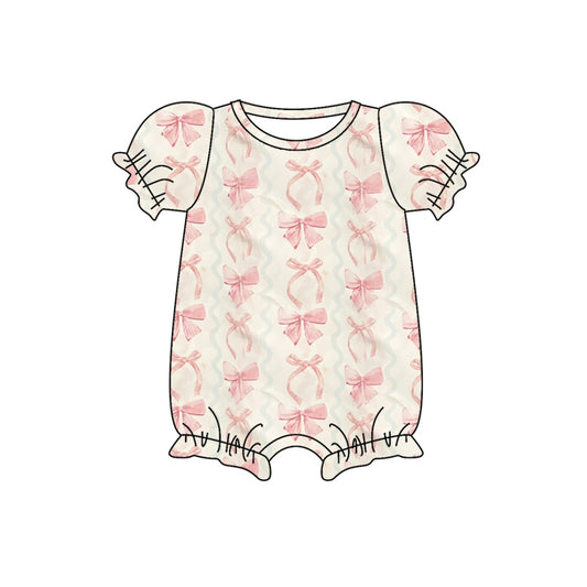 SR2786Beige Baby Girls Summer Romper Short Sleeves Pink Bow Cute Infant Outfit Soft Cotton Clothing for Little Girls
