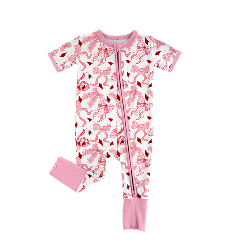 SR2790Pink Bows Baby Girls Zipper Romper Short Sleeves Cute Outfit for Little Ones