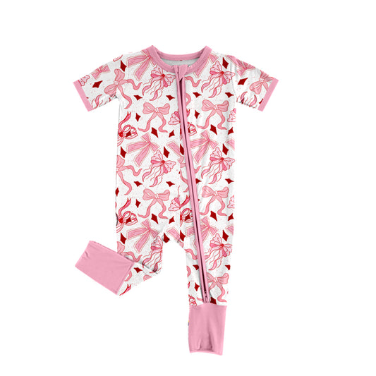 SR2790Pink Bows Baby Girls Zipper Romper Short Sleeves Cute Outfit for Little Ones