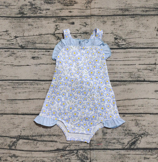 SR2791Blue Ruffle Floral Romper for Baby Girls Summer Strap Design Cute And Comfortable Clothing for Infants