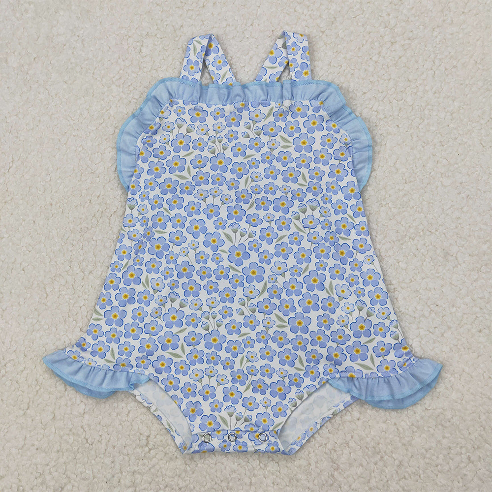 4.08 SR2791 RTS NO MOQ Straps blue ruffle floral baby girls summer romper