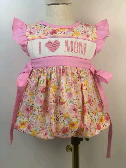SR2793Pink Floral Baby Girls Romper with Flutter Sleeves 'I Love Mom' Print Cute Infant Outfit for Special Occasions