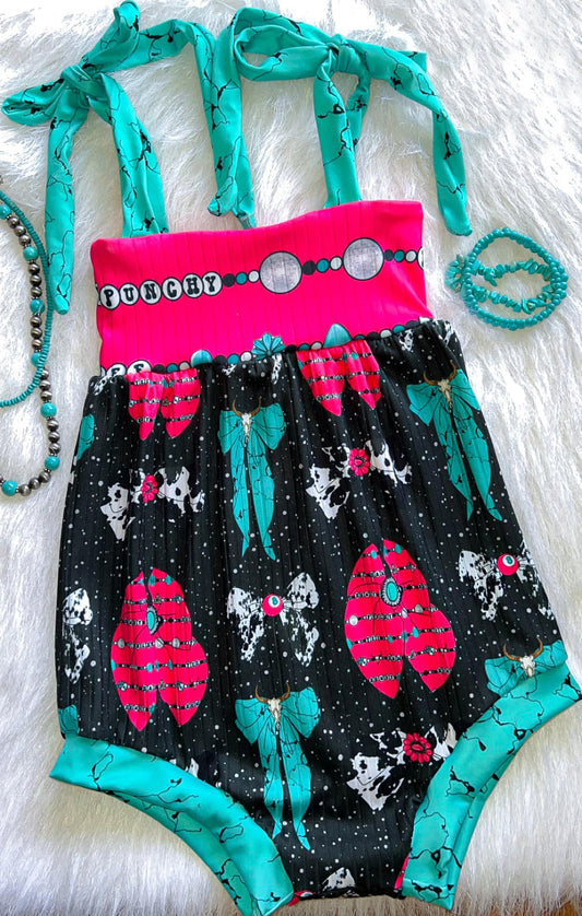SR2800Turquoise Cow Print Bow Western Baby Romper with Straps Cute Farm Animal Theme Baby Outfit for Infants