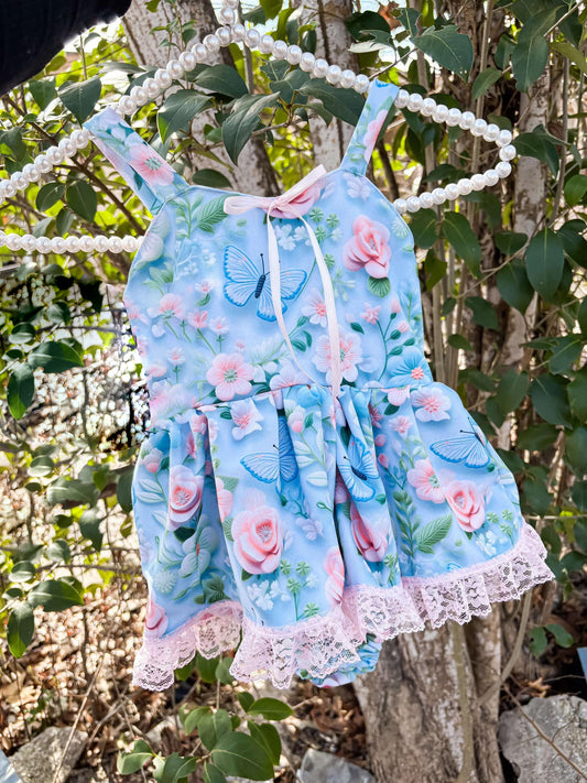 SR2801Light Blue Floral Butterfly Romper for Baby Girls Summer Casual Off-Shoulder Elastic Waist Cotton Blend Outfit