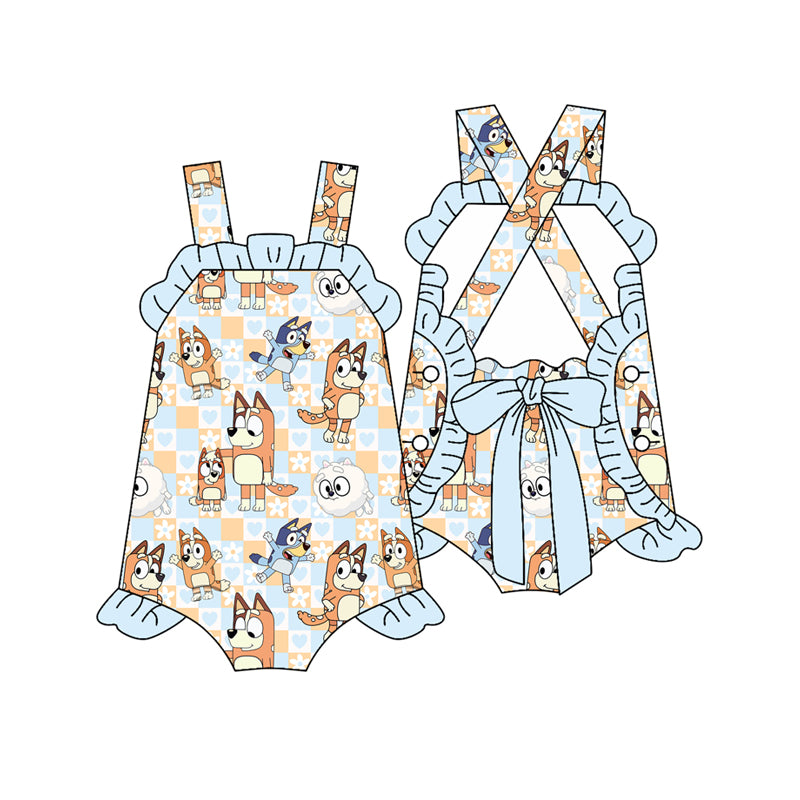 Light Blue Sleeveless Plaid Heart Girls Clothing Set Dog Pattern Children's Summer Outfit Girls' Fashionable Ensemble