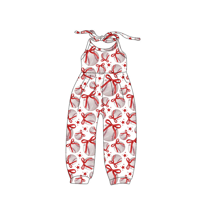 Baby Girls Halter Jumpsuit with Baseball Bow Stars Print for Infants Soft Cotton Romper for Newborn Photography Outfits
