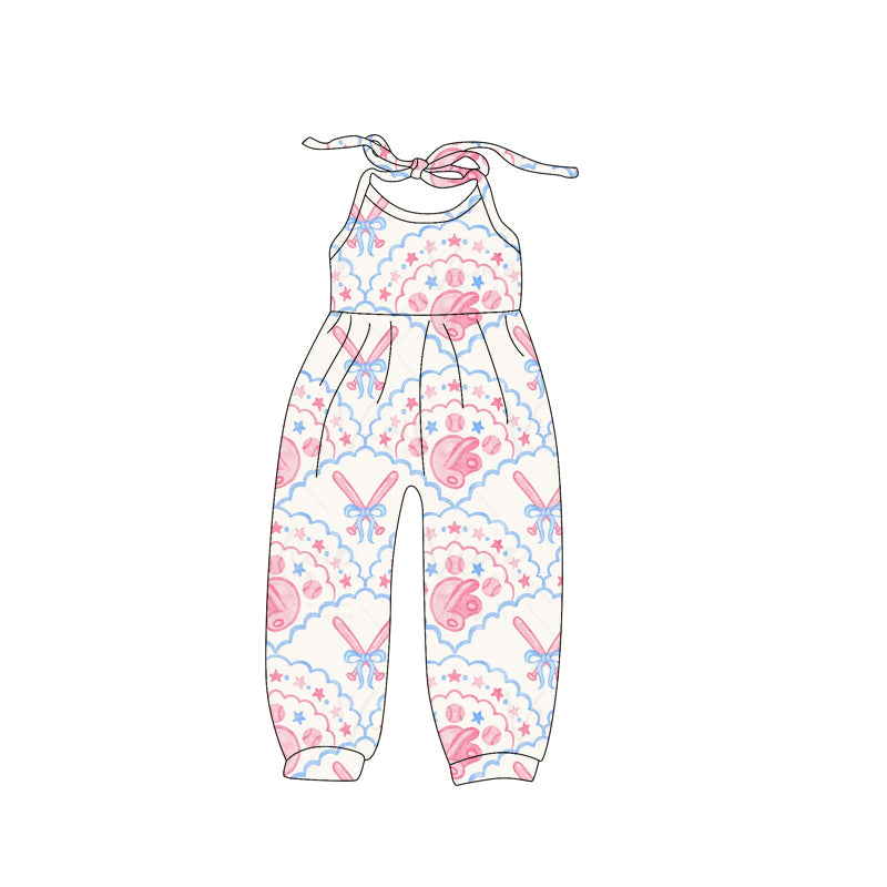 Baby Girls Halter Jumpsuit with Baseball Bow Stars Print for Infants Soft Cotton Romper for Newborn Photography Outfits
