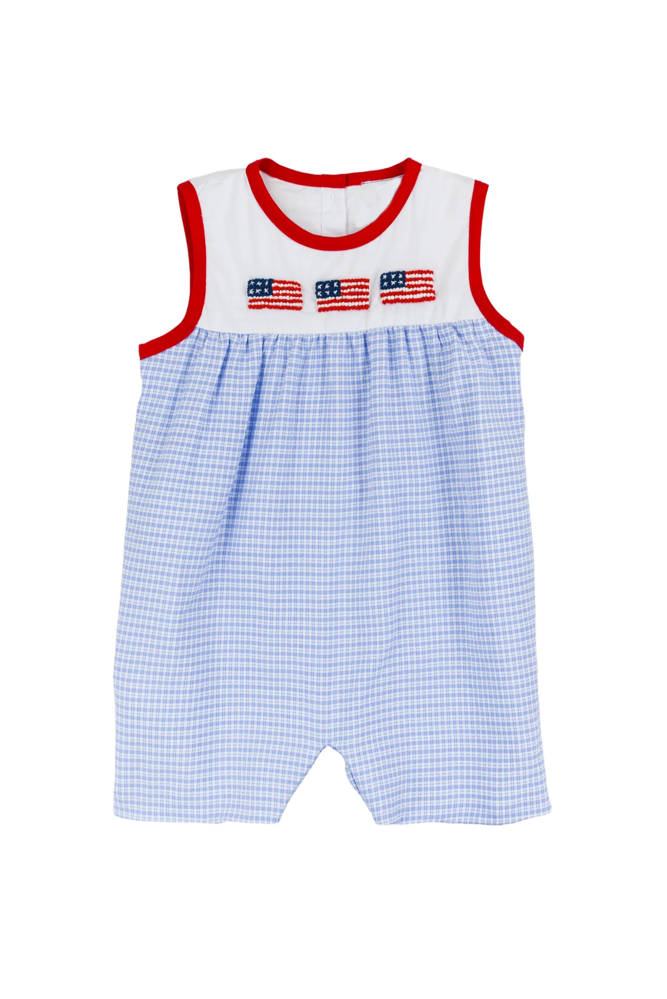 Boys Plaid Shorts And White Flag Top Outfit for 4th of July Red Blue Checkered Clothing Set