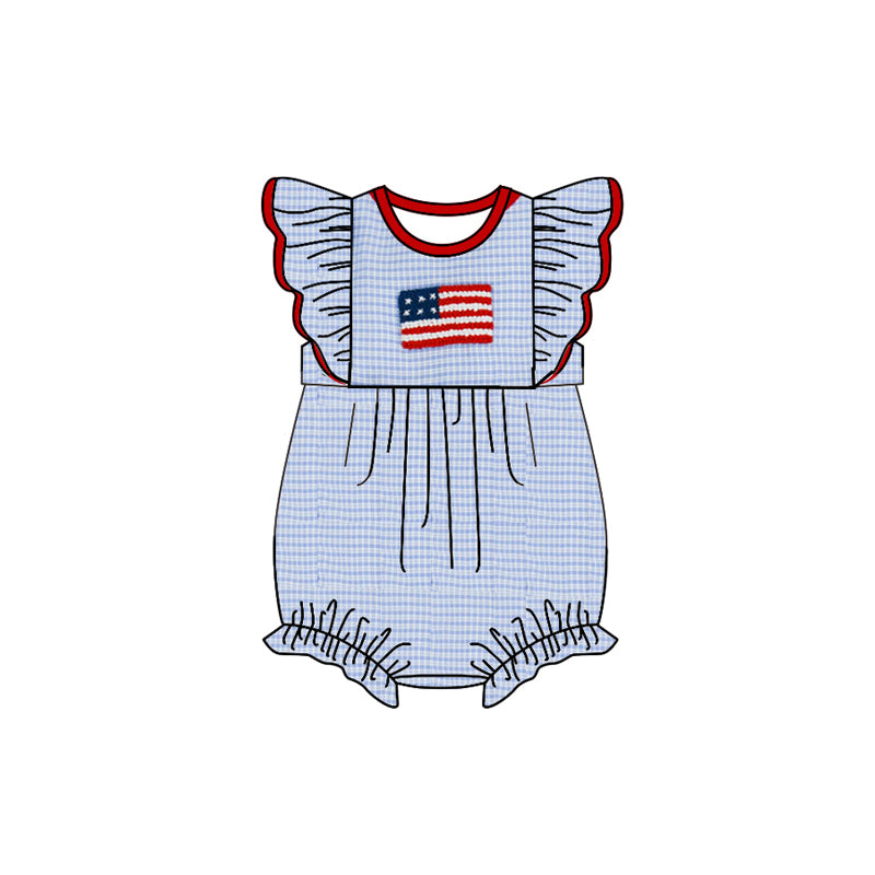 Boys Plaid Shorts And White Flag Top Outfit for 4th of July Red Blue Checkered Clothing Set
