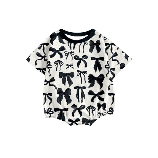 SR2820Charming Baby Girls' Summer Romper with Short Sleeves and Black Bow