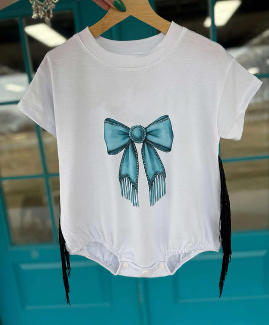 SR2821Stylish Short Sleeves Western Baby Romper Featuring a Turquoise Bow and Tassels