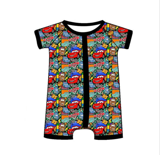 SR2824Baby Kids' Stylish Short Sleeves Romper with Cars Flag and Zipper