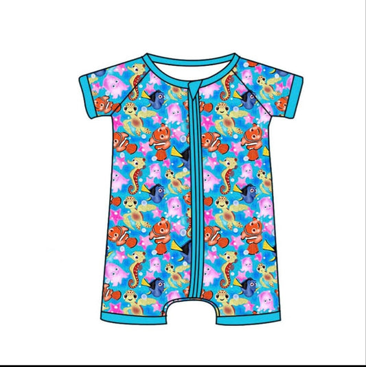 SR2825Charming Baby Kids' Short Sleeve Romper: Zippered with Fish and Seahorse Motifs