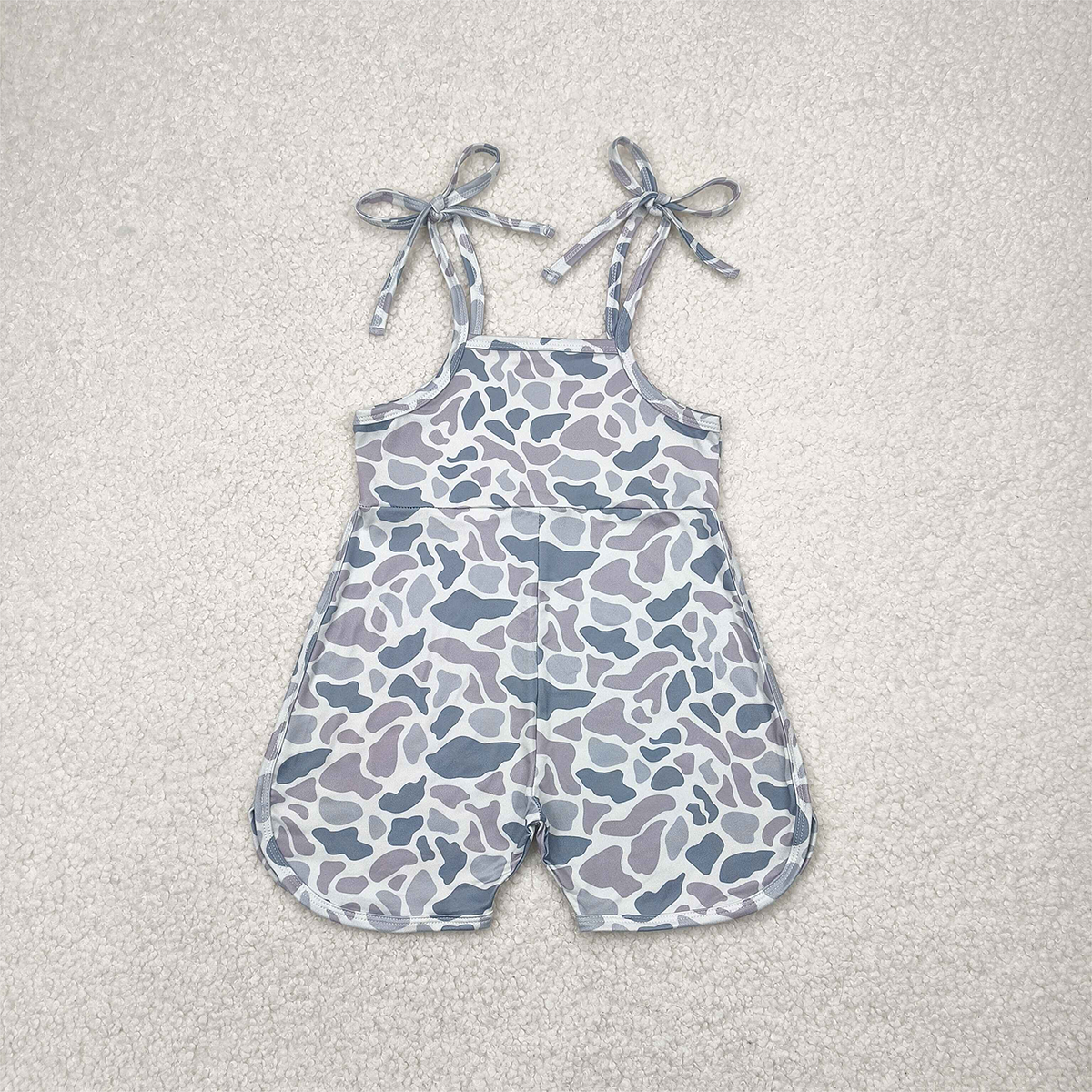 USA Shop (in stock) SR2827 RTS NO MOQ  Baby Girls Summer Jumpsuits Grey camo straps shorts length kids girls jumpsuit