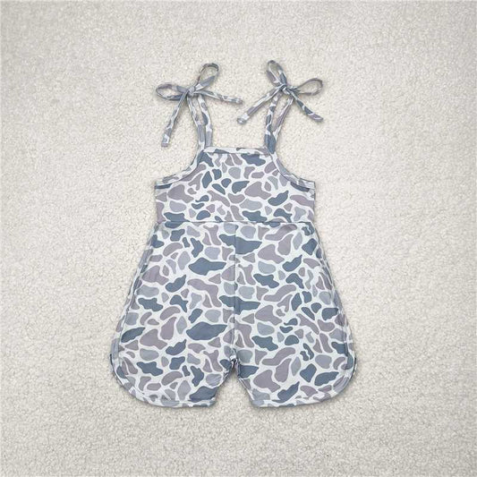 USA Warehouse (IN STOCK)SR2827 Kids Grey Camo Jumpsuit with Straps Short Length Girls Overall Romper