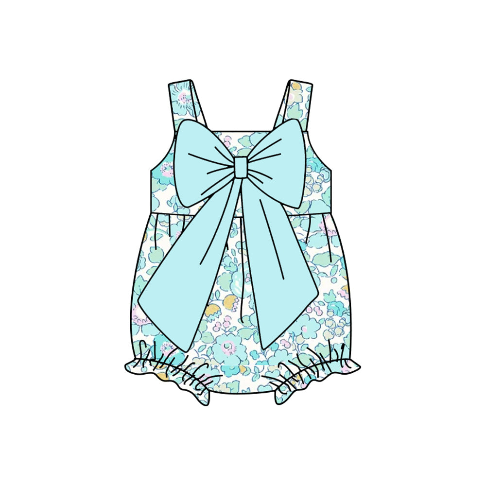 Baby Girl Blue Flower Big Bow Knee-Length Dress Romper