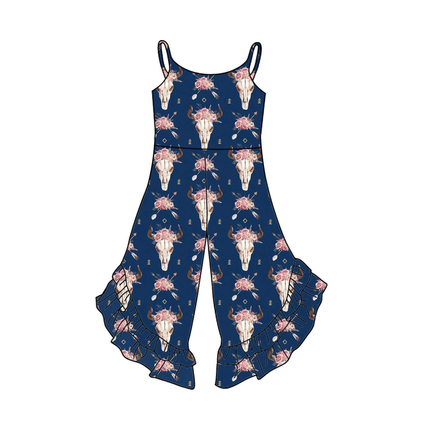 Adorable Baby Girls' Jumpsuit with Navy Straps, Bull Skull, Floral and Arrow Ruffle Details