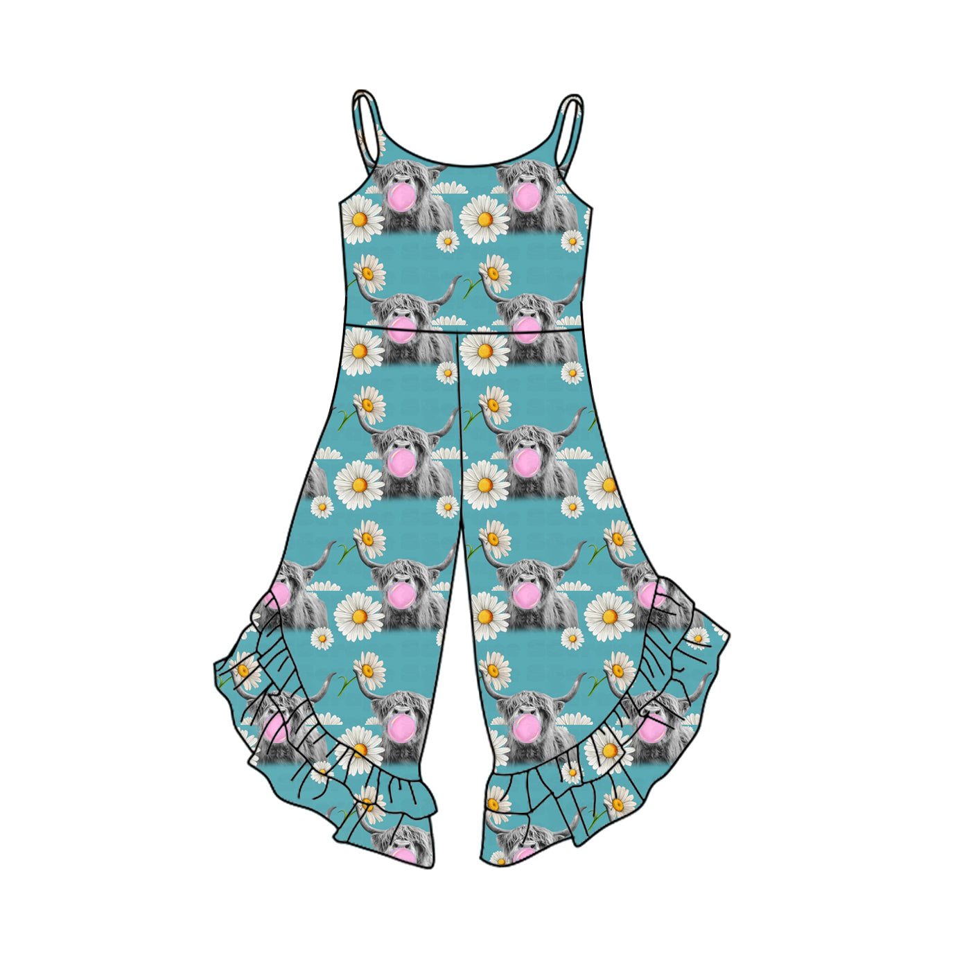 Adorable Baby Girls' Jumpsuit with Navy Straps, Bull Skull, Floral and Arrow Ruffle Details