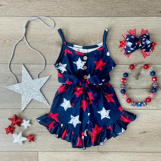 SR2836Cute Navy Red, White Stars and Straps Jumpsuit for Girls’ 4th of July Celebration