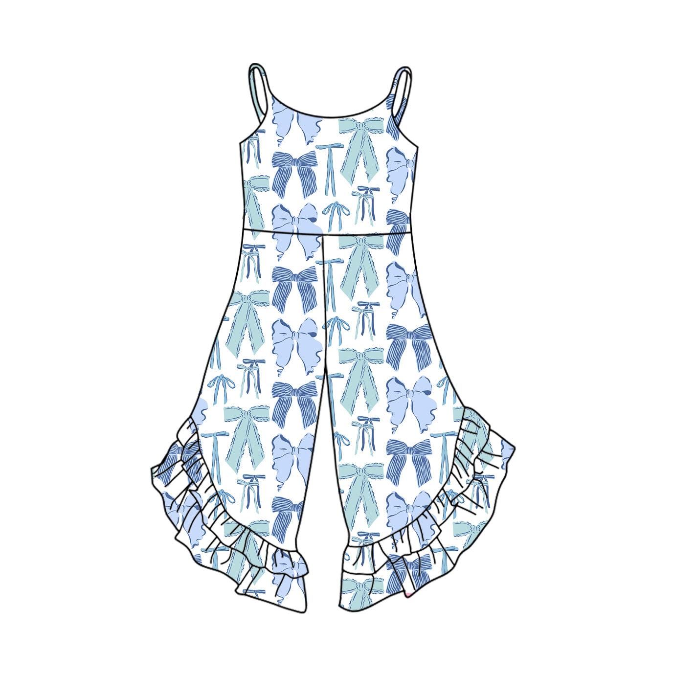 Light Blue Straps Bows and Ruffles Jumpsuit Set for Toddler Girls