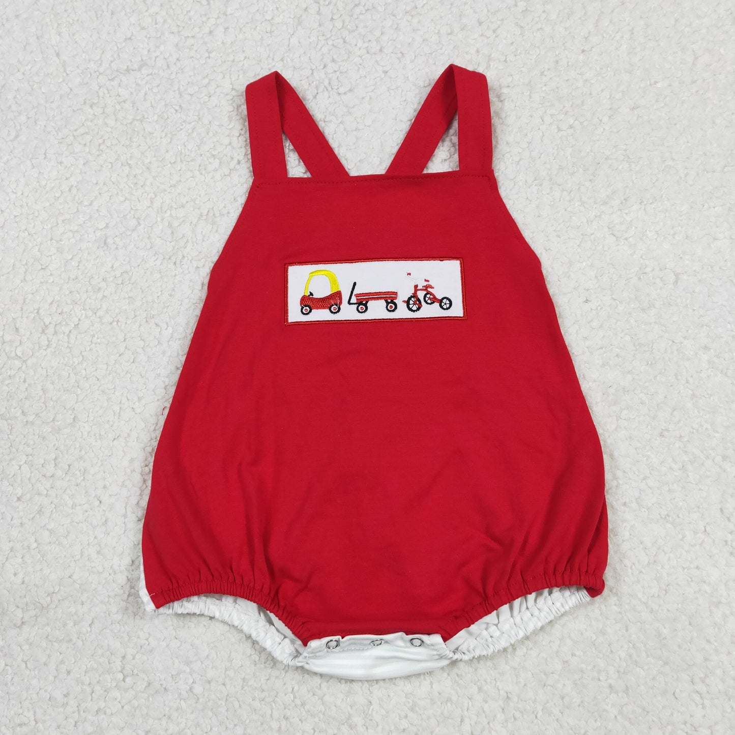 SR2849 RTS NO MOQ （In stock）Embroidery Cars Bicycle Baby Boys Strap Rompers
