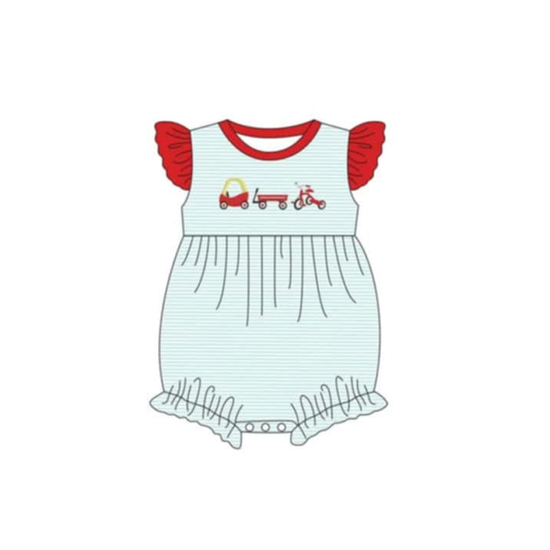 Little Girls’ Fashionable Red Stripe Car Tunic and Ruffle Shorts Set for Summer