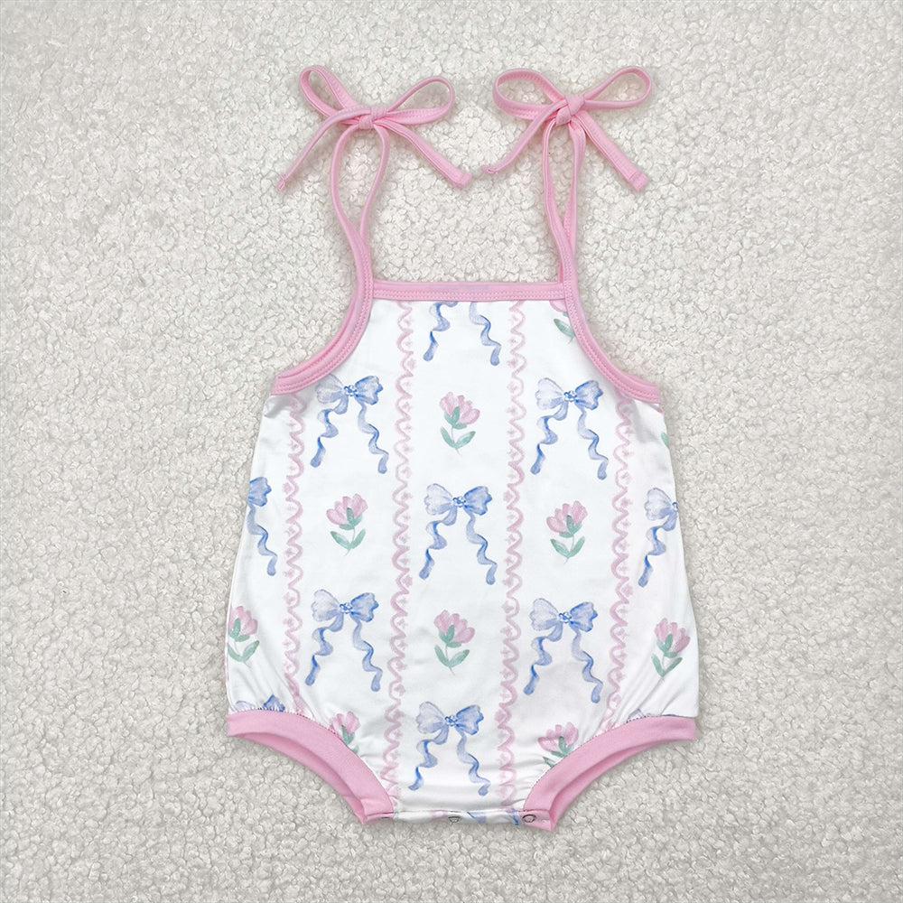 6.18 SR2858 RTS NO MOQ Baby Girls Summer Rompers Baby Infant Girls Blue Bows Flowers Straps Rompers
