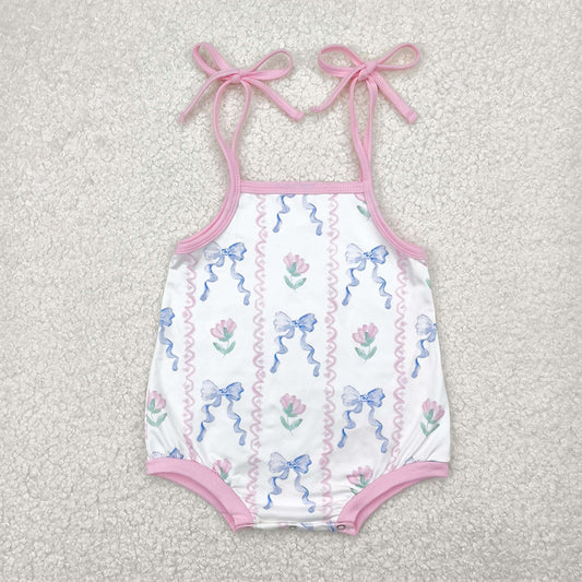 6.18 SR2858 RTS NO MOQ Baby Girls Summer Rompers Baby Infant Girls Blue Bows Flowers Straps Rompers