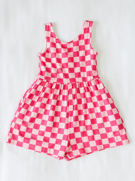 SR2862Kids Girls Sleeveless Pink Plaid Summer Jumpsuit Comfortable Breathable Clothing for Little Girls