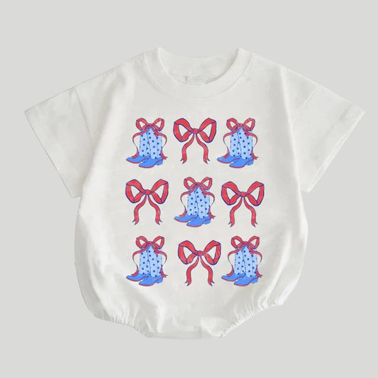 SR2866Baby Girls Blue Stars Romper with Bow Boots for 4th of July Outfit