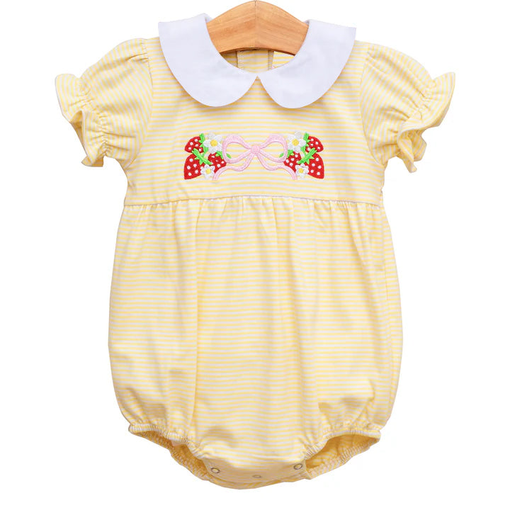 Baby Girls Dress Short Sleeves Yellow Stripe Strawberry Bow Cute Fashionable Kids Clothing for Girls