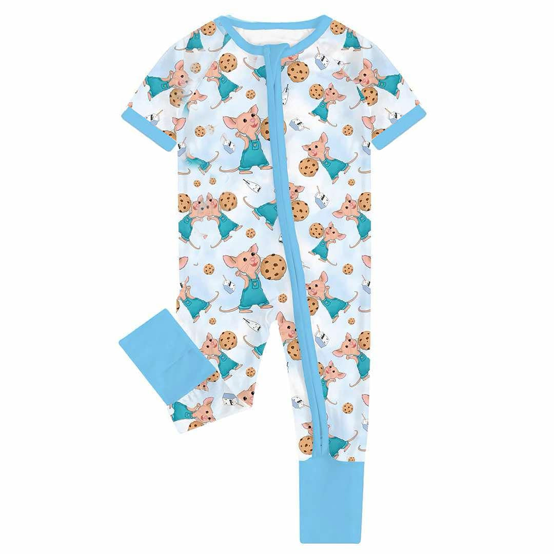 SR2868Light Blue Short Sleeve Zipper Romper for Baby Kids with Cookies Print Infant Clothing Comfortable Soft Material