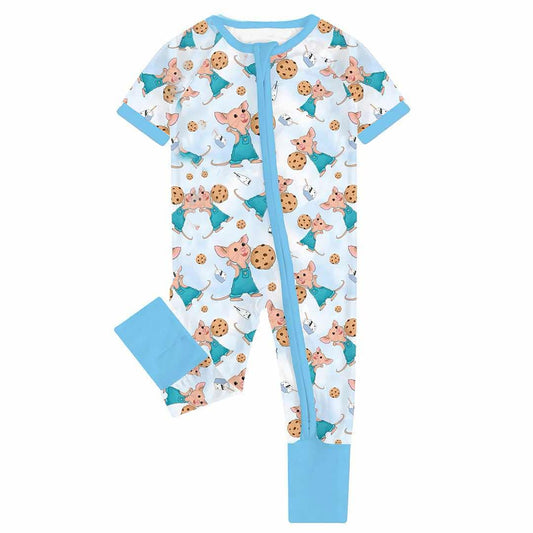 SR2868Light Blue Short Sleeve Zipper Romper for Baby Kids with Cookies Print Infant Clothing Comfortable Soft Material