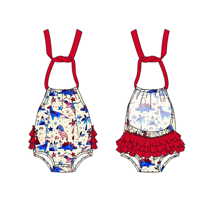 Girls Red Blue Dinosaur Halter Tunic Ruffle Shorts Outfit Set Cute Animal Print Halter Top Matching Ruffle Shorts
