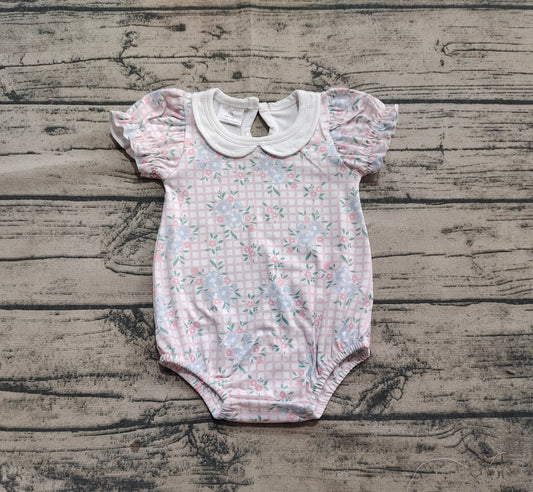SR2878 Sample 10days Arrived RTS Short sleeves pink plaid floral baby girls romper
